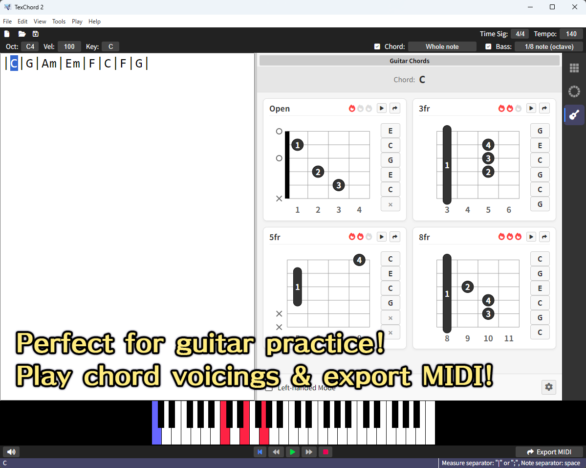 Perfect for guitar chord practice! Preview voicings and export to MIDI!